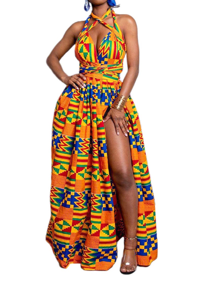 Vimoisa Women Sexy Boho African Long Maxi Dress V-Neck Multi-Way Pleated Floral Print Dresses - Image 1